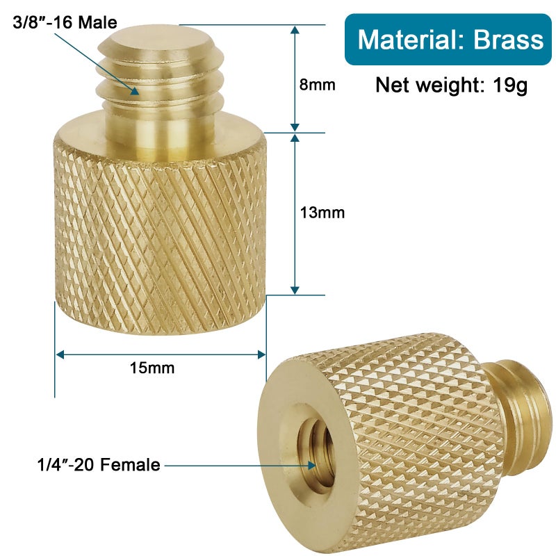 Anwenk Standard 1/4"-20 Female to 3/8"-16 Male Threaded Reducer Screw Adapter (Brass) Precision Made (2 Pack) - Image 3